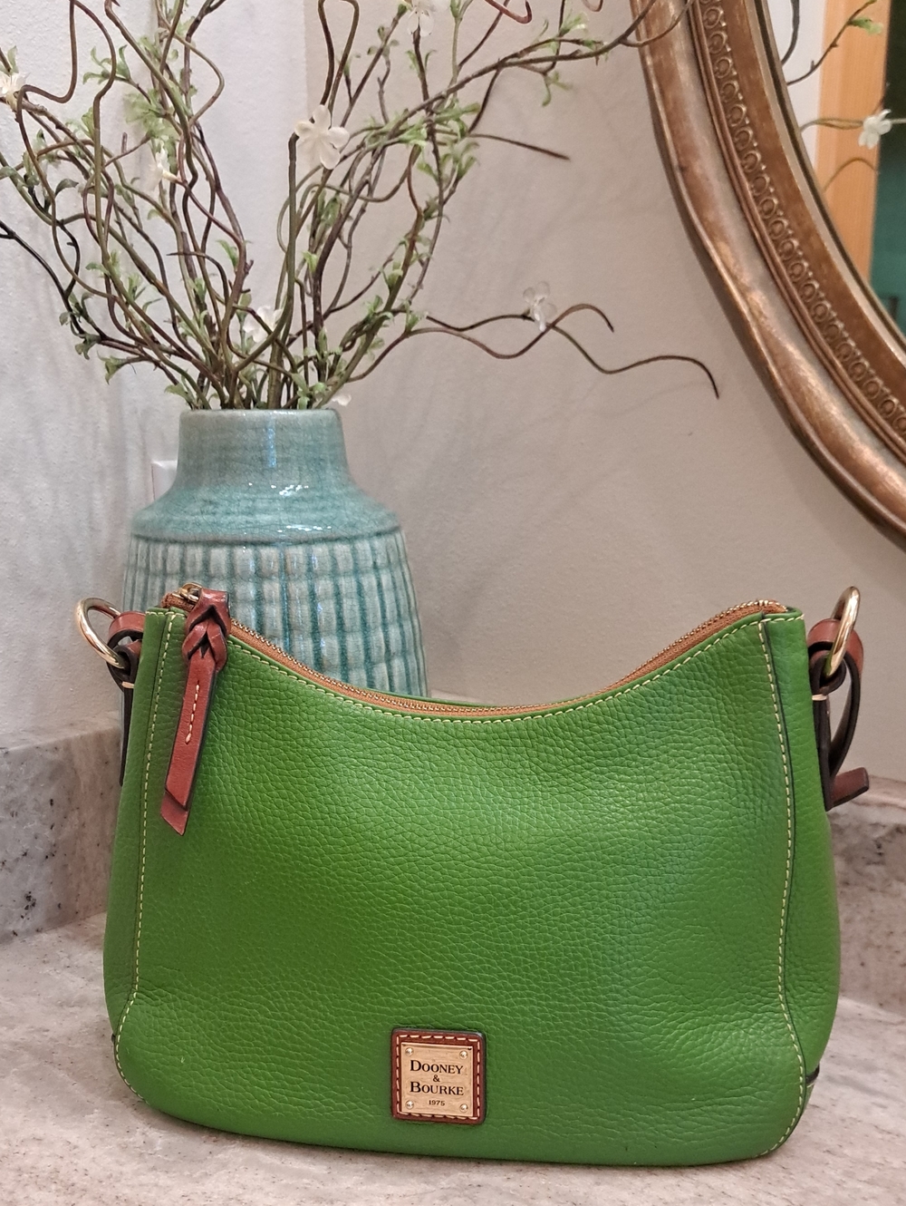 Dooney & Bourke Bright Green Pebbled Leather Shoulder Bag with Tan Trim